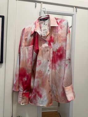 Zara Pink & Peach Satin Button-Up Shirt
